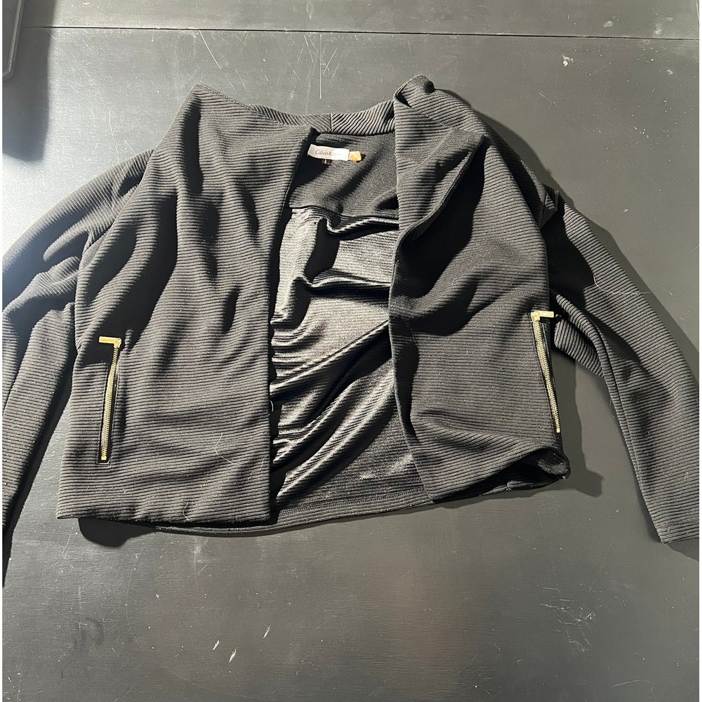 Calvin Klein Womens Black Ribbed Open Front‎ Cardigan Jacket Gold Zip Accents L